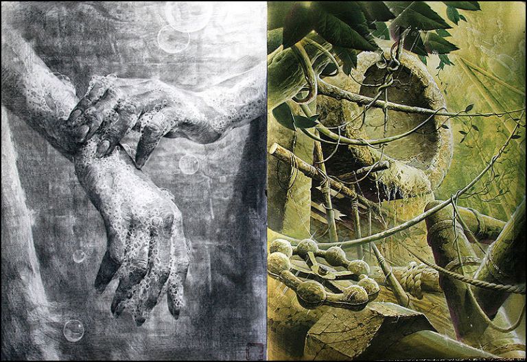 주어진 이미지(비누거품과 손)을 사실표현하고 환경과의 관계를 시각화하시오